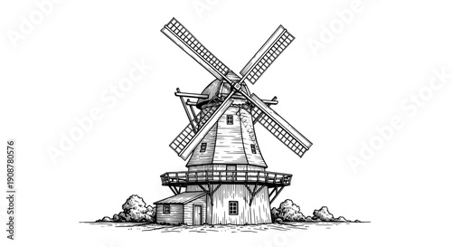 A black and white line drawing of a windmill on a small island