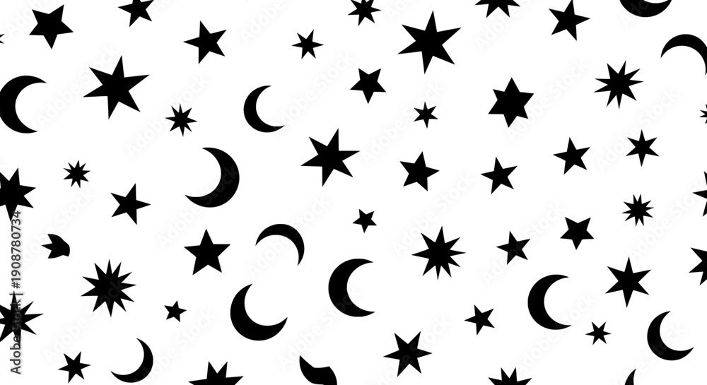 Fototapeta premium Seamless pattern of black stars and crescents on white