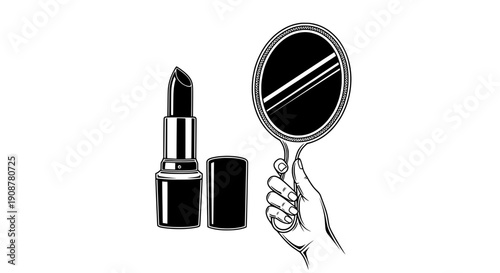 Minimalist black and white of hand holding makeup mirror with lipstick