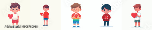 vector little boy standing holding red heart symbol