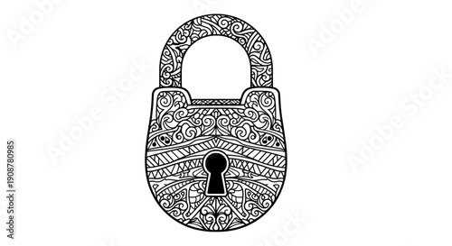 ornate symmetrical padlock line drawing with intricate swirls and keyhole