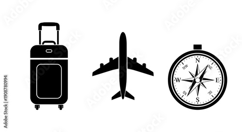 Black and white travel s featuring a suitcase, airplane, and compass
