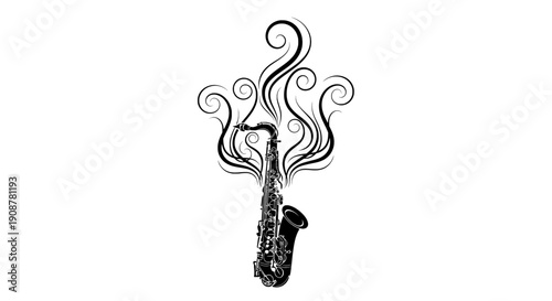 Black and white saxophone with intricate mouthpiece swirls