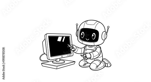 Coon robot with antennae smiling while working at computer monitor
