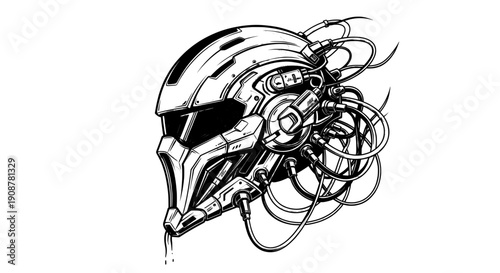 White futuristic helmet with red accents and intricate cable patterns on visor