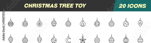 Collection of Icons of Christmas Tree Toy. Suitable for books, stores, shops. Editable stroke in minimalistic outline style. Symbol for design