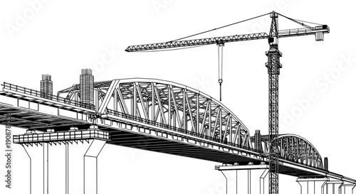 Black and white line drawing of a construction site with crane and bridge