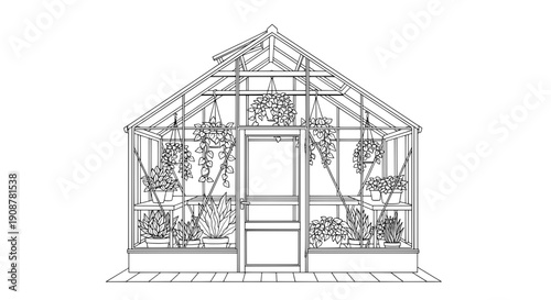 Black and white line drawing of a greenhouse with hanging potted plants