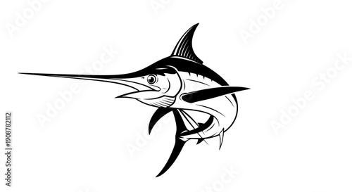 Minimalist black and white line drawing of a marlin fish side view
