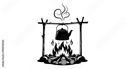 A simple black and white campfire with a kettle and smoke