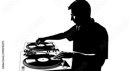 A focused DJ manipulating a vinyl record on a turntable in a minimalist setting