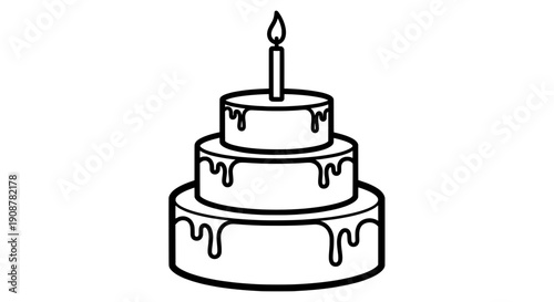 Black and white line drawing of a three-tiered square cake with dripping icing and a lit candle