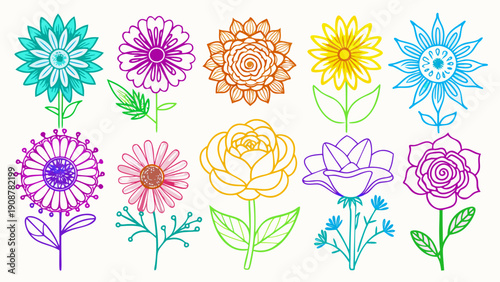 Neon Line Art Flower Illustrations on White Background: Roses, Daisies, and Wildflowers Collection