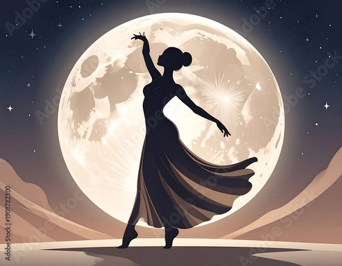 Silhouette of a dancing woman against a moonlit sky background