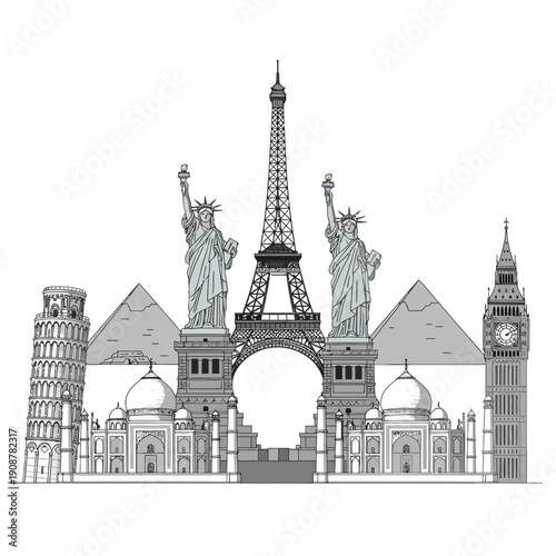 Global Landmarks Collage: Eiffel Tower, Statue of Liberty, Big Ben, Pisa, Pyramids