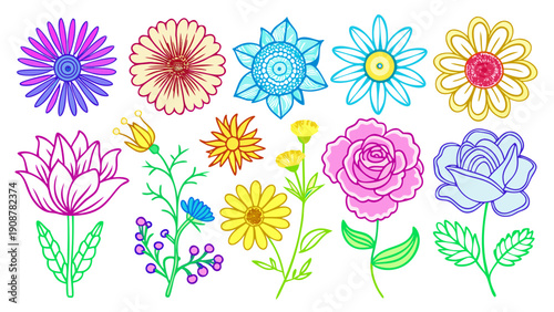 Neon Line Art Flower Illustrations on White Background: Roses, Daisies, and Wildflowers Collection