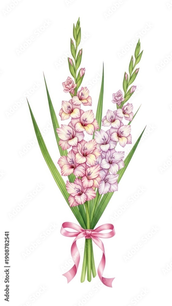 Obraz premium Elegant Watercolor Gladiolus Bouquet with Pink Ribbon Illustration.