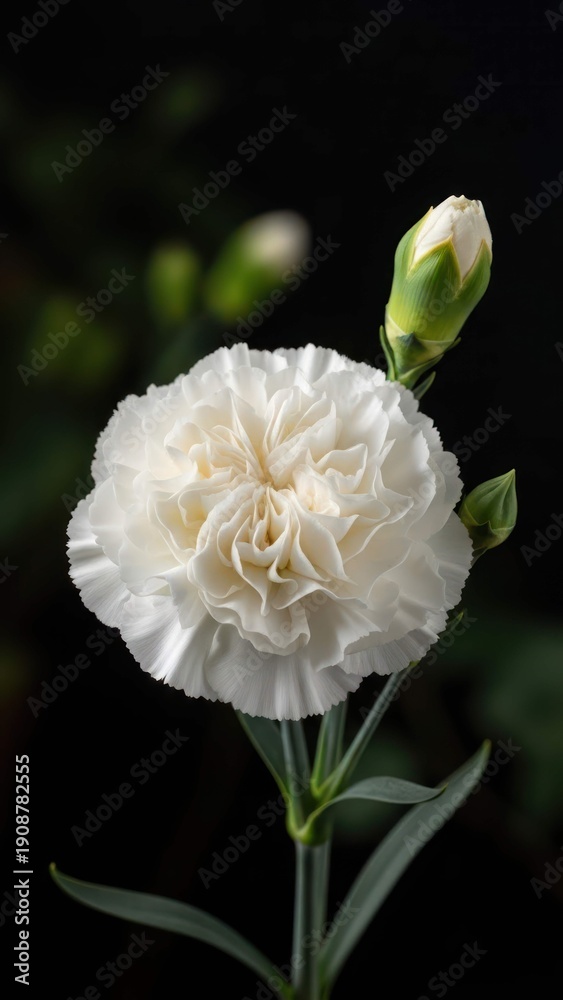 Fototapeta premium Elegant White Carnation Bloom with Bud Against a Dark Background.