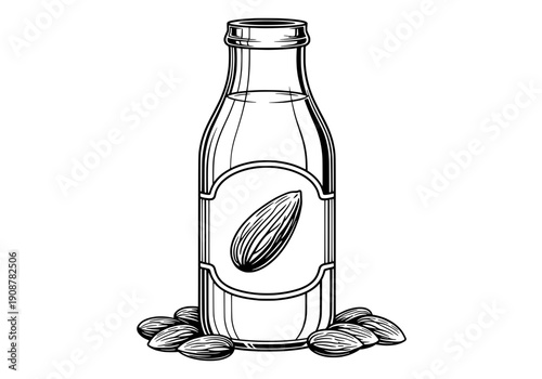 Vector illustration of almond milk bottle with nuts around it, black and white drawing.