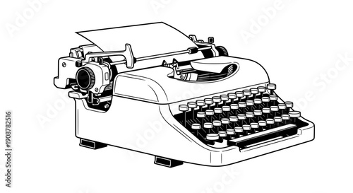 Vintage typewriter side view with paper roll and mechanical keys