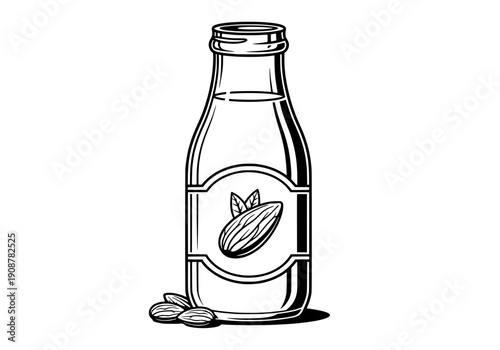 A bottle of almond milk with almonds nearby, isolated on a clean background, vector illustration