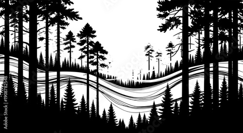 Black and white forest with abstract curved wave patterns among slender trees