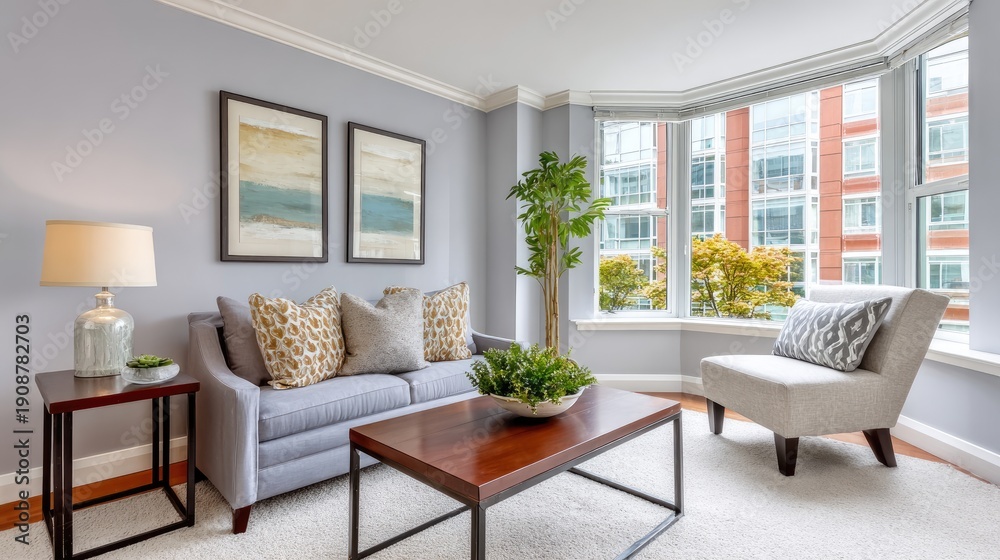 Fototapeta premium Cozy Living Room with Modern Decor Featuring Bright Windows, Stylish Furniture, and Serene Color Palette in Contemporary Urban Setting