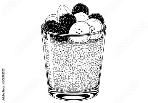 Glass cup filled with chia pudding and assorted fruits vector illustration in black and white