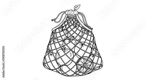 A wire mesh bag holding several onions with visible vector graphics