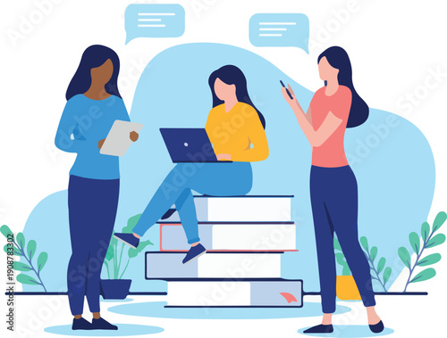  Women doing digital tech work - Team of three female characters using computer, tablet and phone, talking and doing research together. Flat design vector illustration with white background