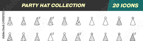 Collection of Icons of Party Hat. Suitable for books, stores, shops. Editable stroke in minimalistic outline style. Symbol for design