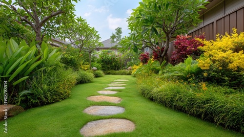 Serene Garden Pathway Surrounded by Lush Greenery and Vibrant Flowers in a Peaceful Outdoor Setting for Relaxation and Natural Beauty