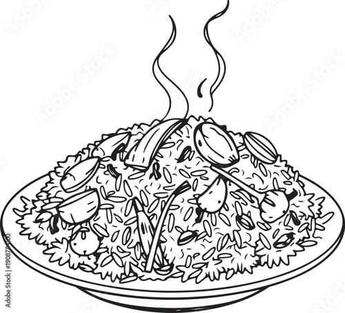 Biryani Dish Hand-drawn Sketch Drawing Vector Illustration, Line Linear Symbol Engraving for Coloring Book, Black and White, Isolated