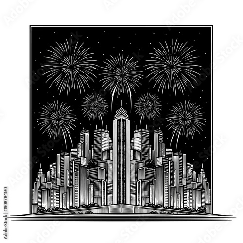 Stylized black and white illustration of a modern city skyline with festive fireworks exploding in the night sky