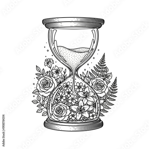 Hourglass with sand flowing into blooming flowers symbolizing the concept of time and natural growth