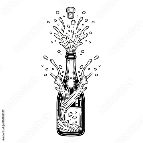 Engraved monochrome artwork depicting the exciting burst of a champagne bottle opening, featuring effervescent liquid splashing vigorously, symbolizing a moment of joyous celebration and festivity
