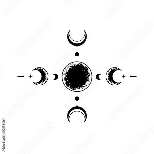 Minimalist Celestial Lunar Motif Featuring a Central Moon Surrounded by Symmetrical Crescent Phases in a Sacred Geometric Arrangement