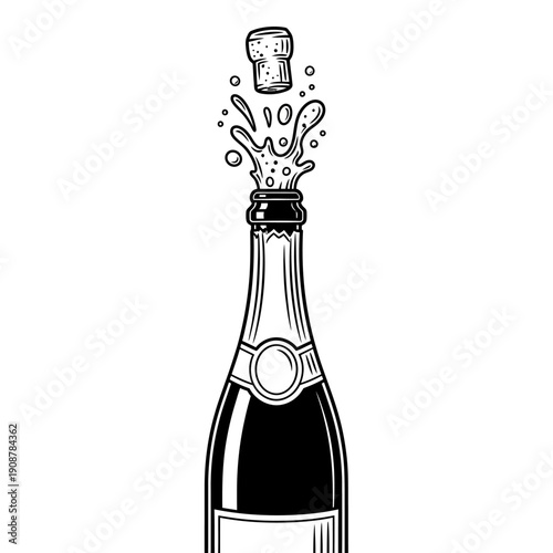 Exploding Champagne Bottle with Cork and Splash, Celebrating Success and Joyful Moments, Vector Illustration