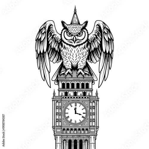 Majestic owl engraving with spread wings perched on a gothic clock tower in black and white