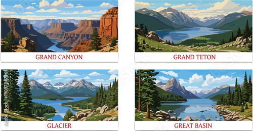 Scenic views of Grand Canyon, Grand Teton, Glacier, and Great Basin landscapes from various viewpoints showcasing mountains, lakes, and forests in a picturesque environment