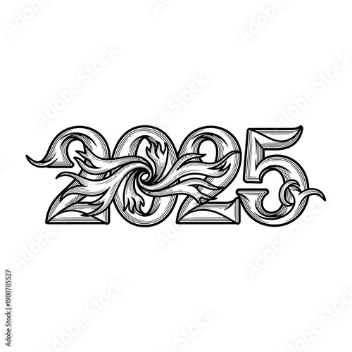 Elegant and Stylish 2025 Typography Design Featuring Ornate Swirls and Floral Motifs in Black and White