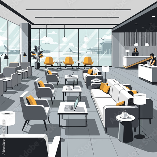 Modern airport lounge with comfortable seating, large windows showing tarmac and planes.