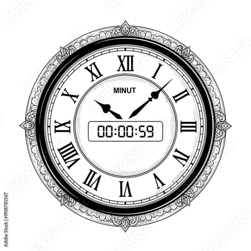 Vintage Roman Numeral Clock Face with Digital Display at 000059