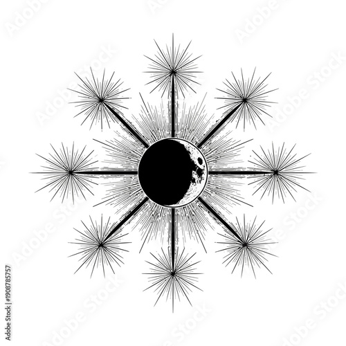 Mystical Celestial Emblem of the Moon with Radiant Starbursts in a Black and White Artistic Illustration