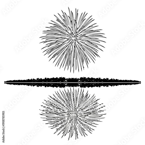 Dynamic black and white illustration of a symmetrical firework explosion and its reflection, evoking a sense of celebration and nighttime spectacle