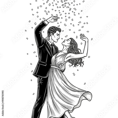 Romantic black and white illustration depicting a happy couple dancing gracefully under a cascade of celebratory confetti, embodying joy and love at a special event