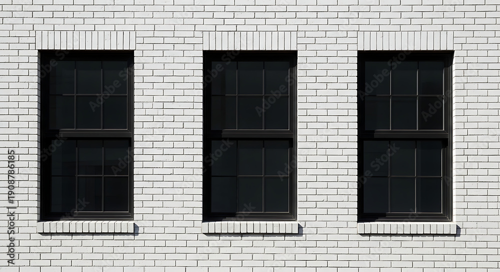 Obraz premium Minimalist architecture featuring three sleek black metal framed window panes installed in a pristine textured white brick wall facade creating a modern industrial urban aesthetic design.