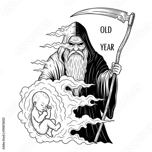 Illustrative depiction of the passage of time, showing the Old Year figure with a scythe witnessing a newborn's gentle emergence, symbolizing the eternal cycle of renewal, endings, and new beginnings