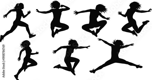 Dynamic female fitness silhouette collection, women jumping and sprinting poses, energetic workout movement, black vector illustration, athletic training concept, isolated action figures set