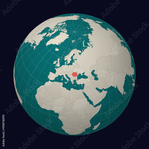 Romania on the map. Globe centered to Romania. Country location on the world map. Teal Pale Mint color palette. Globe with countries, meridians and parallels. Modern vector illustration.